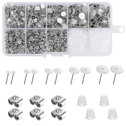 Ohrstecker Set, Edelstahl Ohrringe Stecker Flach Pad mit Ohrring Rücken Schmetterlings Ohrstopper Rücken Klar Gummi Ohrstopper für DIY-Ohrringe und Schmuckherstellung 1800 Stück (Silber) von Berkelen