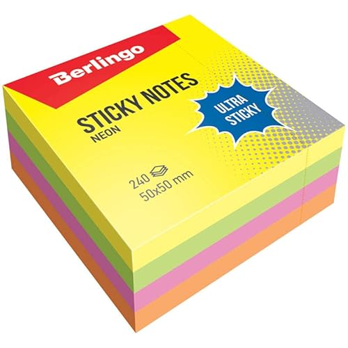 Berlingo Klebezettel Block, 50x50 mm, 1 Blöck, 240 Blatt pro Block, klebende Notizzettel für Notizen und To-Do-Listen, Serie Ultra Klebrig, neon farben, mix von Berlingo