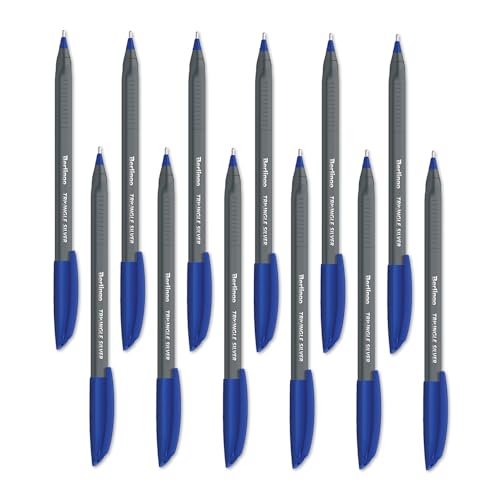 Berlingo Kugelschreiber Set, 12 Stück, mit Kappe, 1.0 mm Strichbreite, für das Büro, das Home Office oder die Schule und Uni, Serie Triangle Silver (Blau) von Berlingo