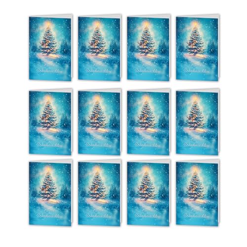 12er Set Weihnachts-Klappkarten mit Umschlägen | Prächtiger Weihnachtsbaum in Winterlandschaft – Aquarell-Design | Hochwertige A6 Karten aus 300g Chromokarton von Berninja