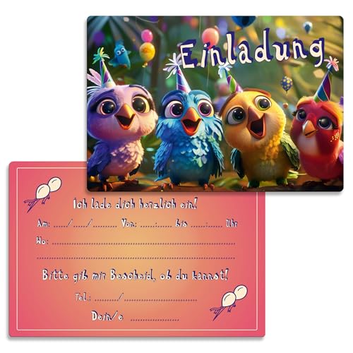 Berninja 12 Einladungskarten für Kindergeburtstag mit süßen Partyvögeln – XL-Format, ideal für Mädchen und Jungs von Berninja