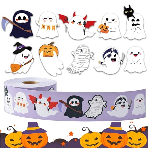 Berriphonia Halloween Aufkleber Rolle 500 Stück | Niedlicher Aufkleber für Laptop Geist | Aufkleber für Halloween Schule Mädchen Jugendliche Erwachsene Umschlag Skate Koffer Telefon von Berriphonia