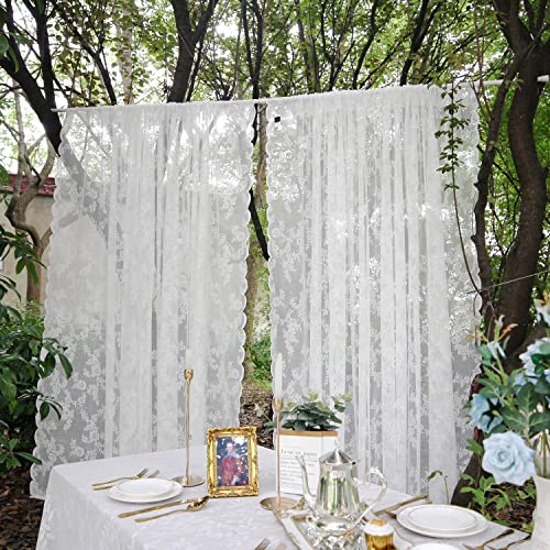 Beruyu Weiße Spitze Vorhang Blumen Stickerei Voile Vorhang mit Stangentaschen Transparent Gardinen mit Vorhang Raffhalter für Wohnzimmer Schlafzimmer Küche 2er Set (B150 x H200 cm) von Beruyu