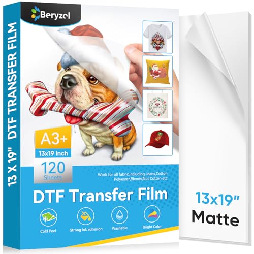Beryzol DTF-Transferfolie: A3+ 33 x 48,3 cm – 120 Blatt, hochwertiges doppelseitiges PET-Transferpapier mit matter Oberfläche, Direktdruck auf Folie, für Epson Tintenstrahldrucker, Direktdruck auf von Beryzol