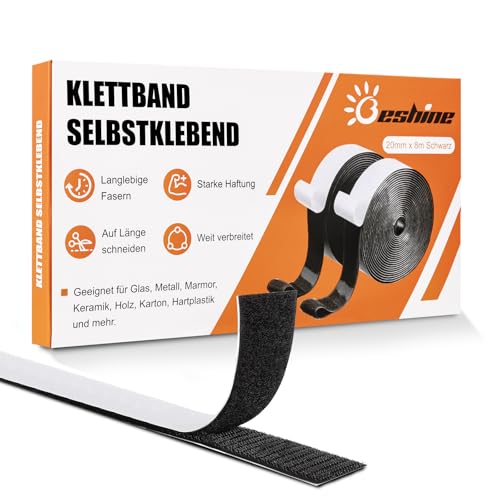 Beshine Klettband selbstklebend, 20mm x 8m Premiumqualität Doppelseitiges Klebeband mit Klettverschluss Selbstklebend und Hakenband(Schwarz) von Beshine
