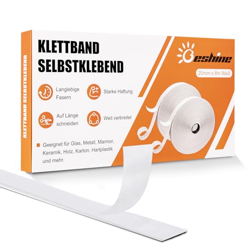 Beshine Klettband selbstklebend, 20mm x 8m Premiumqualität Doppelseitiges Klebeband mit Klettverschluss Selbstklebend und Hakenband(Weiß) von Beshine