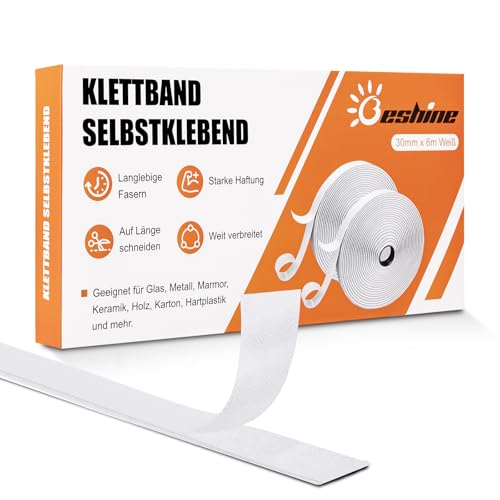 Beshine Klettband selbstklebend, 30mm x 6m Premiumqualität Doppelseitiges Klebeband mit Klettverschluss Selbstklebend und Hakenband(Weiß) von Beshine