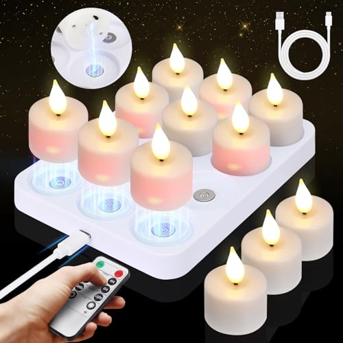Besight LED Teelichter Wiederaufladbar mit Magnetischer Ladestation, 12er Set Flackernde LED Kerzen mit Timer & 2 Fernbedienungen, Ideal für Weihnachten Halloween Tisch Party Wohnzimmer Zimmer Deko von Besight