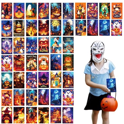 Besreey Halloween-Grußkarten,Halloween-Karte,50X lustige Grußkarten | Kürbis-Skelett-Geisterburg-Postkarten, verschiedene gruselige Illustrationskarten für Geschäftsbedarf, 10,2 x 15,2 cm von Besreey
