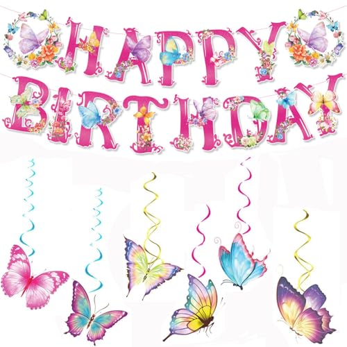 Geburtstagsdeko Schmetterling,6 Stück Schmetterling Hängende Wirbel und 1 Stück Happy Birthday Girlande Schmetterling Deko Schmetterlinge Deko für Frühling Sommer Party,Hochzeit von Bessy shop