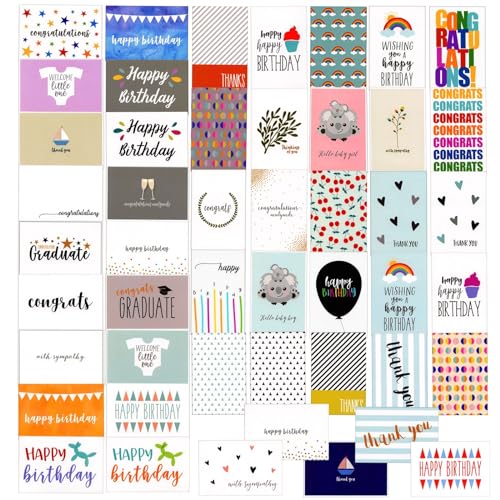 48 Stück Grußkarten mit Umschlägen für Diverse Anlässe Inkl. Geburtstagskarten, Dankeskarten, Klappkarten, 48 Motive, Je 10 x 15 cm von BEST PAPER GREETINGS