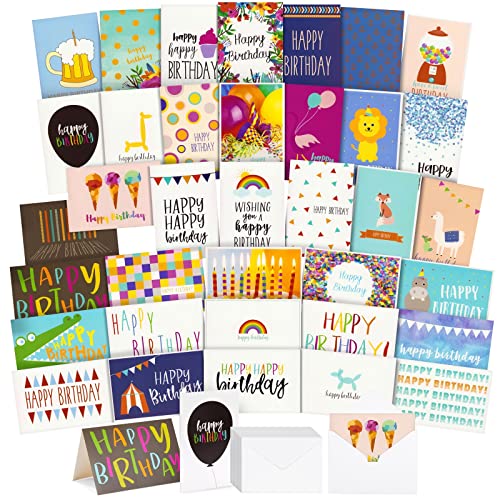 Grußkarten Happy Birthday von Best Paper Greetings (144 Stück) - Klappkarten mit Happy-Birthday-Aufschrift - 36 verschiedene Motive - Innen Blanko - Briefumschläge Inbegriffen - 10 cm x 15 cm von Best Nest Wellness