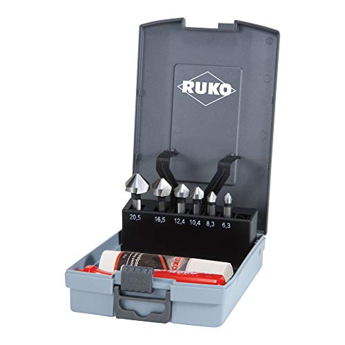 RUKO HSS Long Series Kegel- und Entgratzähler Sinker Bit-Set in Kunststoffkoffer, 90 Grad, helles Finish, 8 Stück, R102319RO von Best Price Square