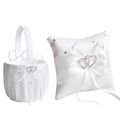 BestAlice 2-teiliges weißes Satin- und weiße Blumenmädchen-Korb und Ringkissen-Set mit doppeltem Herz-Strass-Dekor für Hochzeitstag, Dekoration von BestAlice