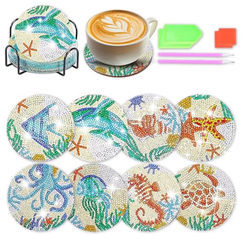8 Stück Diamond Painting Untersetzer mit Halter, Diamond Art Painting Marine Wiederverwendbare, Geeignet für Anfänger wie Erwachsene und Kinder fur Tassen, Vasen, Kerzen, Küche Wohnzimmer Dekoratio von BestYiJo