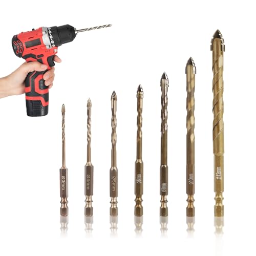 Exzenterbohrer Set, Vierschneidiger Sägezahn Exzenterbohrer 3/4/5/6/8/10/12 mm mit 4 Schneiden Spiralbohrer Holz/Kunststoff/Glas/Beton Ziegel (Gold, 7Pcs) von BestYiJo