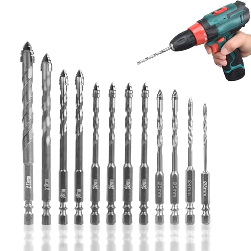 Exzenterbohrer Set, Vierschneidiger Sägezahn Exzenterbohrer 3/4/5/6/8/10/12 mm mit 4 Schneiden Spiralbohrer Holz/Kunststoff/Glas/Beton Ziegel (Silber, 12Pcs) von BestYiJo