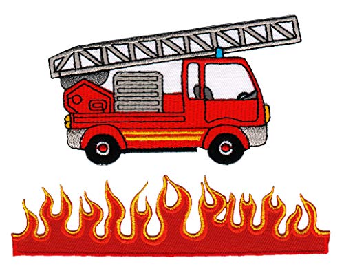 Bestellmich 2er Set Feuerwehr Leiterwagen und Feuer Flammen Aufnäher Bügelbild Patch von Bestellmich