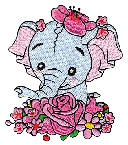 Blauer Elefant Mädchen Rosa Blumen Aufnäher Bügelbild Applikation Flicken Patch Größe 7,0 x 8,3 cm von Bestellmich