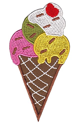 Gestickte Eistüte Waffeleis Eis Eiscreme mit Sahne Kirsche Aufnäher Bügelbild Patch Applikation Größe 4,3 x 8,5 cm von Bestellmich