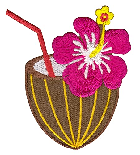 Kokosnuss Cocktail Hibiskus Blüte Aufnäher Bügelbild Patch Flicken Applikation Größe 6,2 x 6,9 cm von Bestellmich