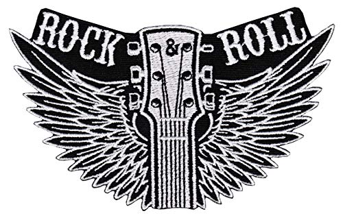 Schwarz Rock N Roll Gitarre Musik Flügel Aufnäher Bügelbild Patch Applikation Größe 12,2 x 7,6 cm von Bestellmich