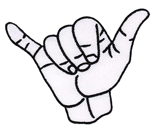Bestellmich Shaka Zeichen Hand Aufnäher Bügelbild Patch Flicken Applikation Größe 8,3 x 6,6 cm, Weiß von Bestellmich