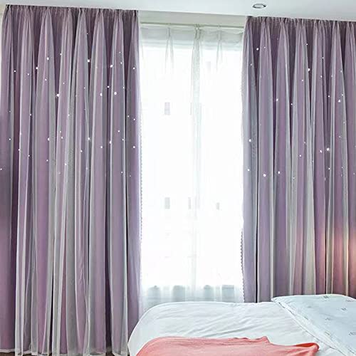 Bestenrose Vorhang Doppelschicht Blackout Vorhänge 1 Stücke Kinderzimmer Verdunkelungsvorhang Hohle Sterne Verdunkelung Vorhänge mit Voile (Violett, B150 x H250 cm) von Bestenrose