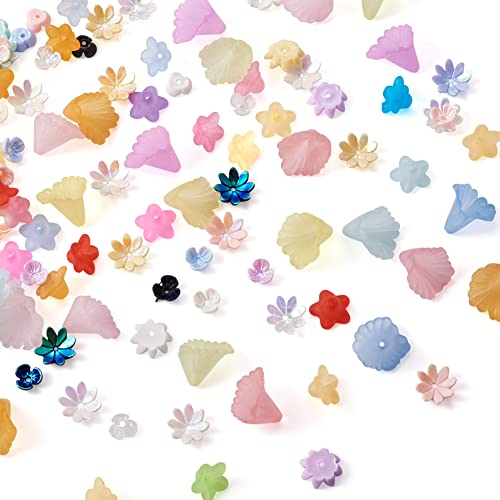 400 Stück 4 Stile Blume Acryl Perlenkappen Transparent Matt Gebohrt Multi-Blütenblatt Harz Blumen-Abstandshalter Perlen für Halsketten, Armbänder, Ohrringe, Schmuckherstellung von Bestewelry