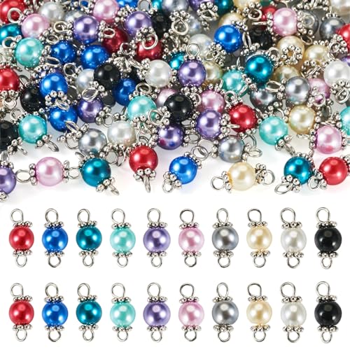 Bestewelry 100 Stück Perlenverbinder-Anhänger, bunte Glasperlen, runde Perlen-Glieder, Charms mit doppelten Schlaufen für DIY-Armbänder, Halsketten, Ohrringe, Handwerk, Schmuckherstellung von Bestewelry