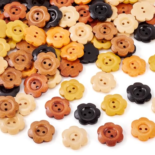Bestewelry 120 Stück 20 x 18,5 x 4 mm 2-Loch-Holzblumenknöpfe mit 6 Haustieren, zum Nähen, Stricken, Ersetzen von Kleidung, Handwerk und Dekoration von Bestewelry