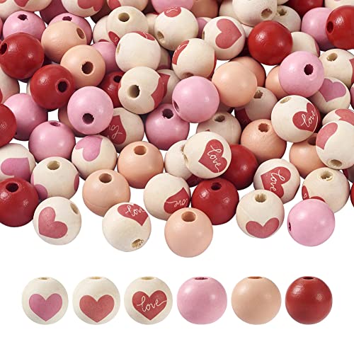Bestewelry 120 Stück 6 Stile runde bemalte natürliche Holzperlen Herz Muster große Loch Perlen Abstandshalter Perlen für Ohrringe Halskette Schmuckherstellung von Bestewelry