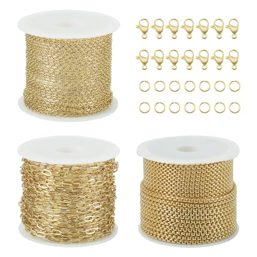 Bestewelry 3 Rollen Büroklammerketten aus 304 Edelstahl, Boxkette, Kabelkette mit Karabinerverschlüssen, Biegeringe Goldkette für Schmuckherstellung Bestewelry 3 Rollen Büroklammerketten aus 304 Edelstahl, Boxkette, Kabelkette mit Karabinerverschlüssen, Biegeringe Goldkette für Schmuckherstellung von Bestewelry