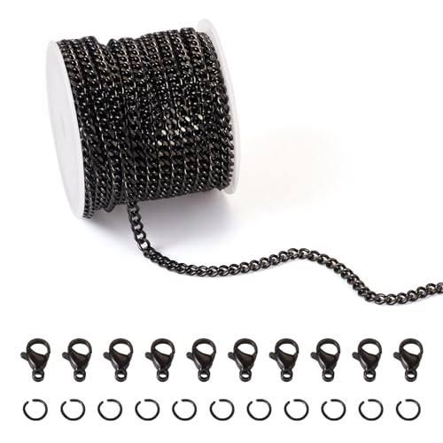 Bestewelry 5m 304 Edelstahl Panzerketten Schwarz Twisted Link Ketten Ungeschweißte Verlängerungskette mit Biegeringe Karabinerverschlüsse für Schmuckherstellung von Bestewelry