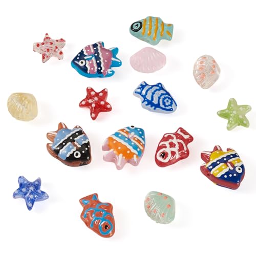 Bestewelry Glasperlen mit Meeresmotiven, Muscheln, Seestern, Fischen, Meeresmotiven, lose Abstandshalter, Perlen für Sommer, Strand, Ohrringe, Armbänder, Halsketten, Schmuckherstellung, 16 Stück von Bestewelry