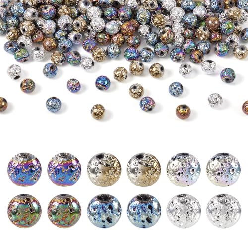 Bestewelry Natürliche Lava-Perlen, galvanisiert, bunt, rund, Lavastein, Regenbogen-Vulkangestein, Edelstein, holprige Perlen für selbstgemachte Halsketten, Armbänder, Ohrringe, Schmuckherstellung, 6 von Bestewelry