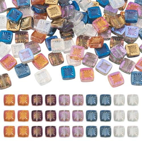 Bestewelry Quadratische Glasperlen, flach, quadratisch, Kristallperlen mit Blumenmuster, lose Abstandshalter für Armbänder, Halsketten, Schmuckherstellung, Heimdekoration, 100 Stück von Bestewelry