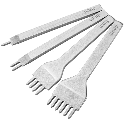 Bestgle 4 Stück Zinken Stanze, Leder Meißel Schnürung Stitching Kit, 1/2/4/6 Zinken Leder Locher Werkzeug, DIY Edelstahl flach Meißel, 4mm LederBastelwerkzeuge für DIY-Lederhandwerk Nähen von Bestgle