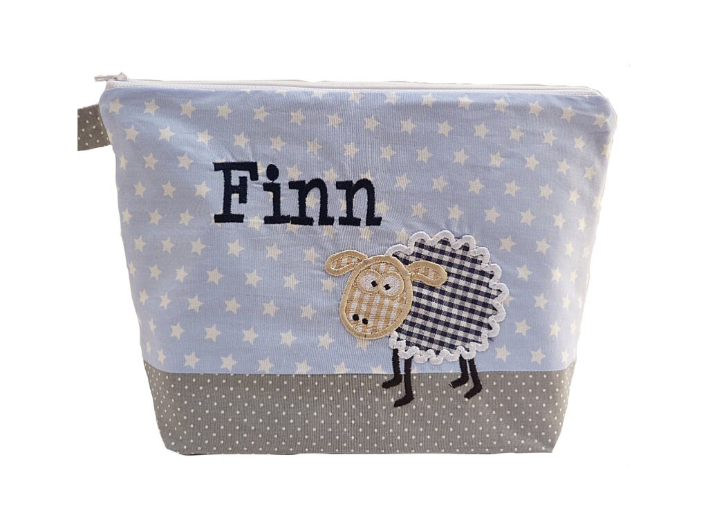 Bestickte Tasche Schäfchen + Name Hellblau - Grau Wickeltasche Kulturbeutel Windeltasche Waschtasche 20 Schriftarten Kosmetiktasche Bestickte Tasche Schäfchen + Name Hellblau - Grau Wickeltasche Kulturbeutel Windeltasche Waschtasche 20 Schriftarten Kosmetiktasche von Bestickend