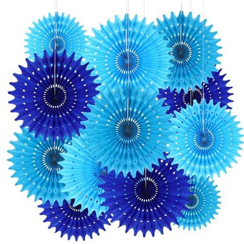 BestoFun 12 Stück Blau Papier Fächer Set Himmelblau PomPoms Tissue Blumen Hellblau Hängende Girlande Königsblau Papier Fächer Dekoration für Geburtstags Hochzeit Gartenparty Deko von BestoFun