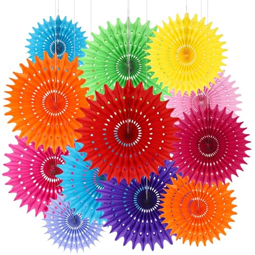 BestoFun 12 Stück Bunt Papier Fächer Set Orange Rosa PomPoms Tissue Blumen Grün Gelb Blau Hängende Blumen Girlande Hellrosa Hellviolett Papier Fächer Dekoration für Geburtstags Hochzeit Karneval Deko von BestoFun