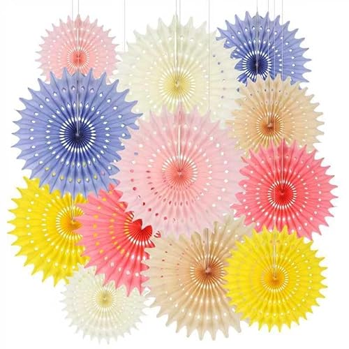 BestoFun 12 Stück Bunt Papier Fächer Set Orange Rosa Weiß PomPoms Tissue Blumen Pfirsich Gelb Beige Hängende Girlande Hellviolett Papier Fächer Dekoration für Geburtstags Hochzeit Gartenparty Deko von BestoFun