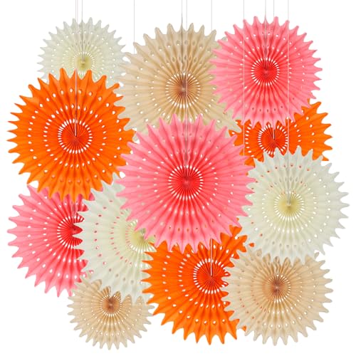 BestoFun 12 Stück Papier Fächer Set Orange PomPoms Tissue Blumen Rosa Pfirsich Hängende Blumen Girlande Creme Papier Fächer Dekoration für Partydeko Kinder Geburtstagsdeko Hochzeit Baby Shower von BestoFun
