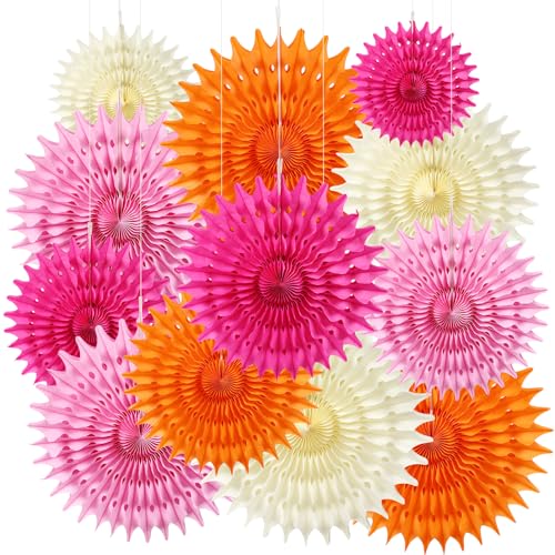 BestoFun 12 Stück Papier Fächer Set Orange PomPoms Tissue Blumen Rose Beige Hängende Blumen Girlande Hellrosa Papier Fächer Dekoration für Partydeko Kinder Geburtstagsdeko Hochzeit Baby Shower von BestoFun