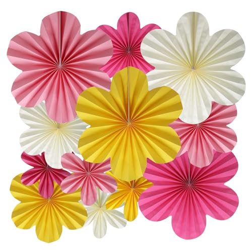 BestoFun 12er Set Papier Blumenfächer Rosa Papierblumen Gelb Papier Fächer Hellrosa Hängende Girlande Dekoration für Hochzeit Geburtstagsfeier Gartenparty Tischdeko von BestoFun