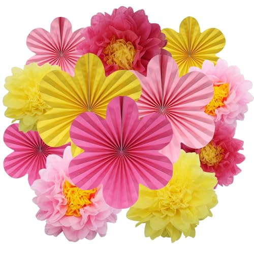 BestoFun 12er Set Papier Blumenfächer & Papierblumen Pompons Rosa Gelb Hellrosa Hängende Girlande Dekoration für Hochzeit Geburtstagsfeier Gartenparty Tischdeko von BestoFun