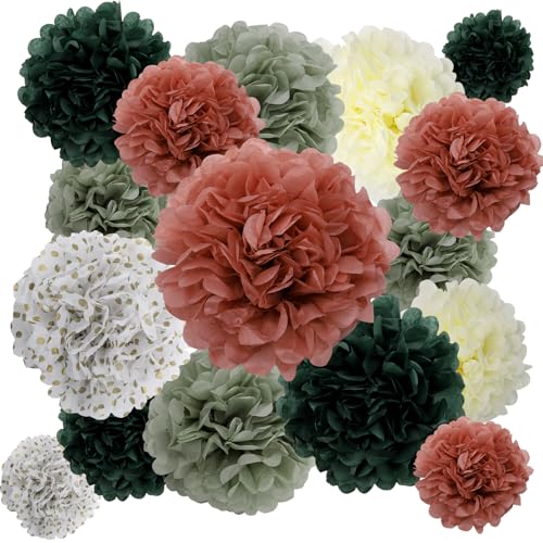 BestoFun 16 Stück Salbeigrün Seidenpapier Pompoms Dunkelgrün Weiß Pompons Deko Beige Bohnenrosa Pompoms Dekoration für Hochzeit Deko Tischdeko Geburtstagsdeko Gartenparty Deko von BestoFun