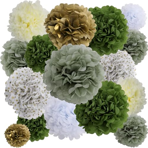 BestoFun 16 Stück Salbeigrün Seidenpapier Pompoms Dunkelgrün Weiß Pompons Deko Beige Gold Pompoms Dekoration für Hochzeit Deko Tischdeko Geburtstagsdeko Gartenparty Deko von BestoFun