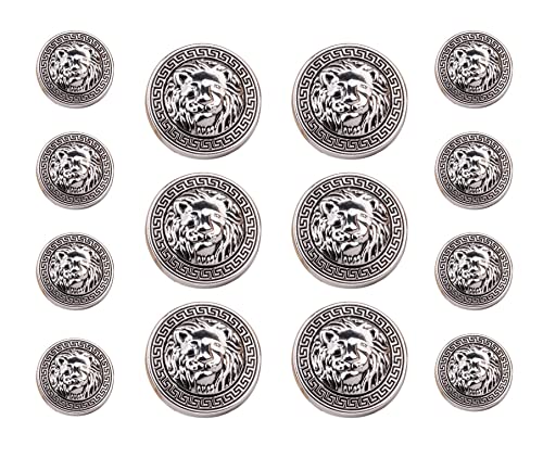 14 Stück Kleiderknöpfe, 8 Stück x 20 mm und 6 Stück x 25 mm, Löwenkopf-Metall-Nähknöpfe, Schaft, runde Form (Silber) von Bestowal