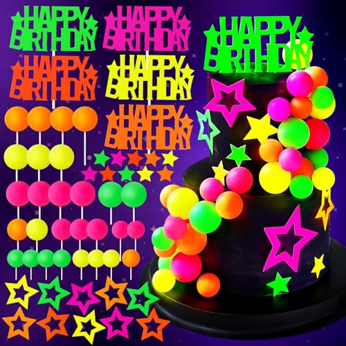 53 Stück Neon-Kuchendekorationen, leuchtende Kuchendekorationen mit Kugelstern und Happy Birthday-Aufsätzen, UV-reaktiv, für leuchtet im Dunkeln, Neon-Schwarzlicht, Party-Geburtstagsdekorationen 53 Stück Neon-Kuchendekorationen, leuchtende Kuchendekorationen mit Kugelstern und Happy Birthday-Aufsätzen, UV-reaktiv, für leuchtet im Dunkeln, Neon-Schwarzlicht, Party-Geburtstagsdekorationen von Besttkeoh